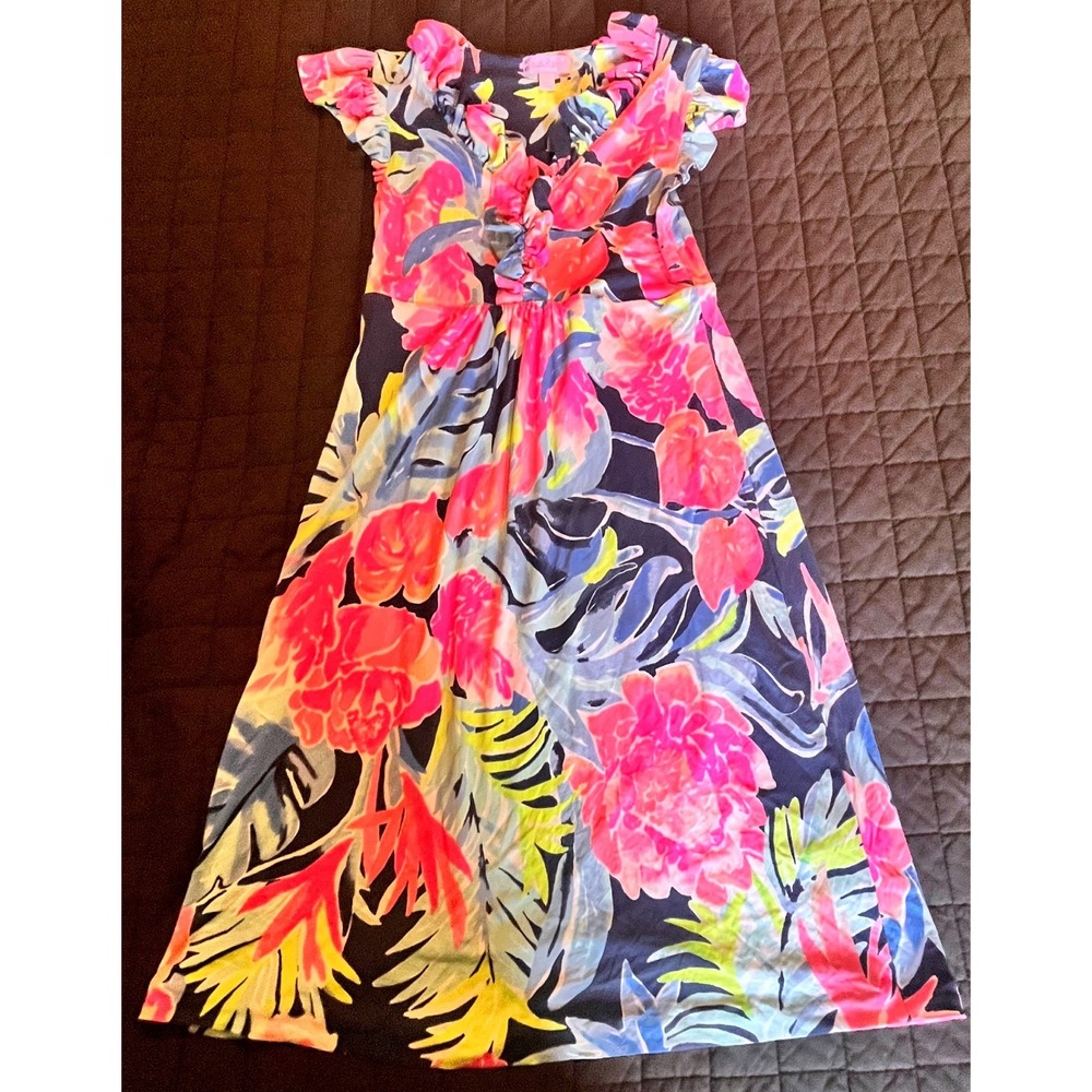 Lilly Pulitzer Clare Silk Jersey Dress Empire Waist Dress XS Navy Pink